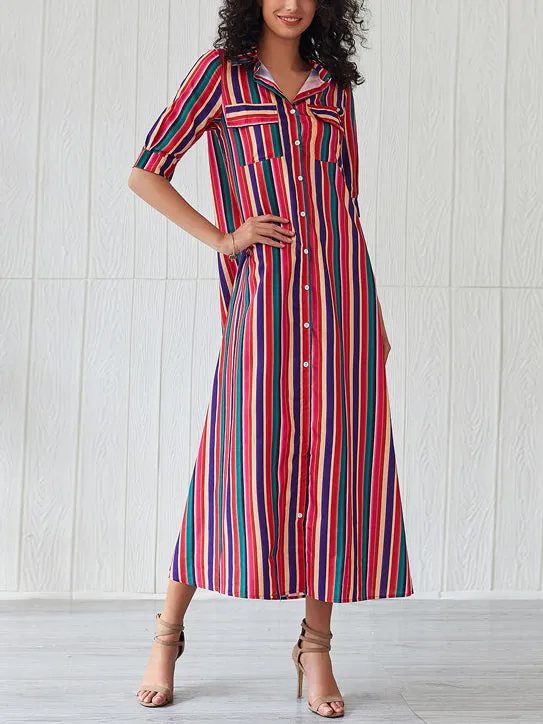 Half-sleeve Rainbow Striped Loose Bohemian Dress