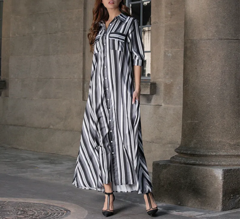 Half-sleeve Rainbow Striped Loose Bohemian Dress