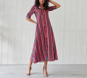 Half-sleeve Rainbow Striped Loose Bohemian Dress