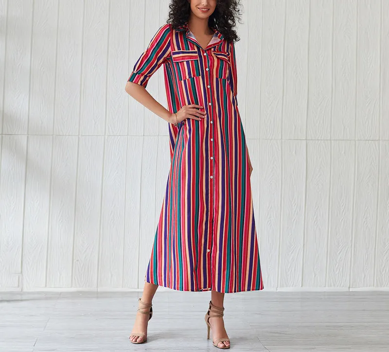 Half-sleeve Rainbow Striped Loose Bohemian Dress