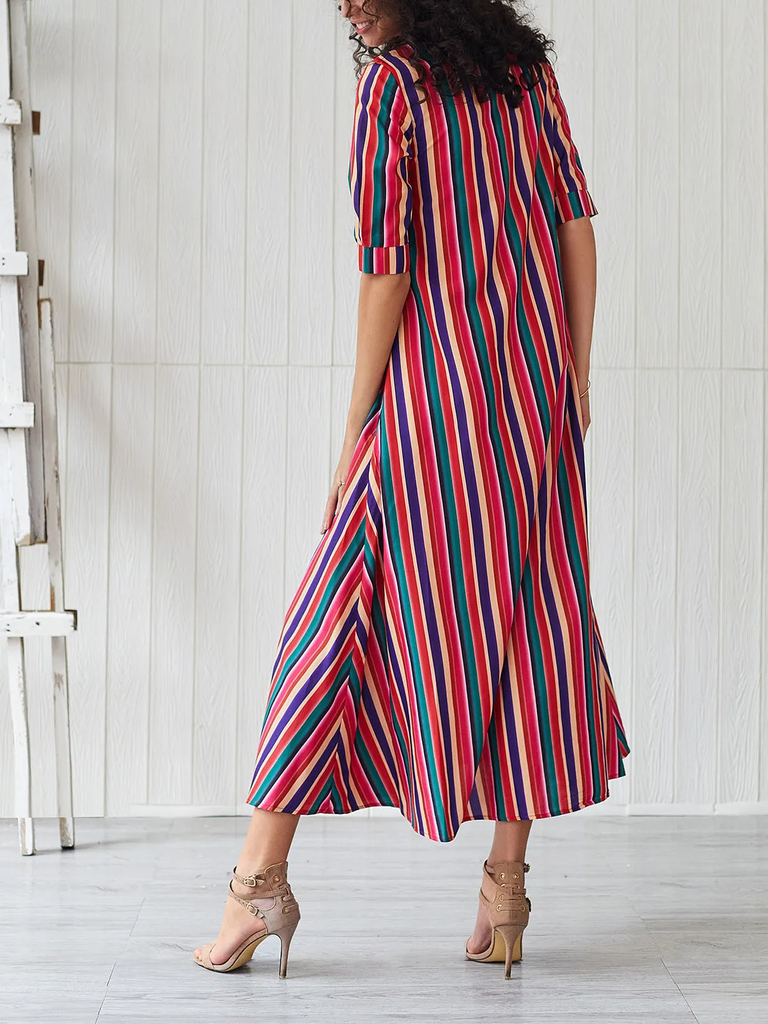 Half-sleeve Rainbow Striped Loose Bohemian Dress