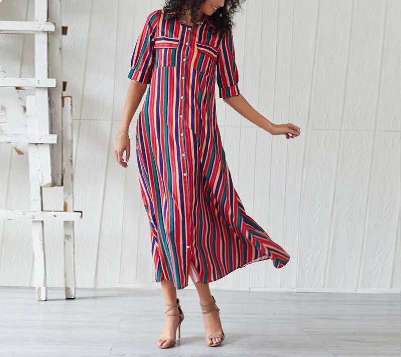 Half-sleeve Rainbow Striped Loose Bohemian Dress