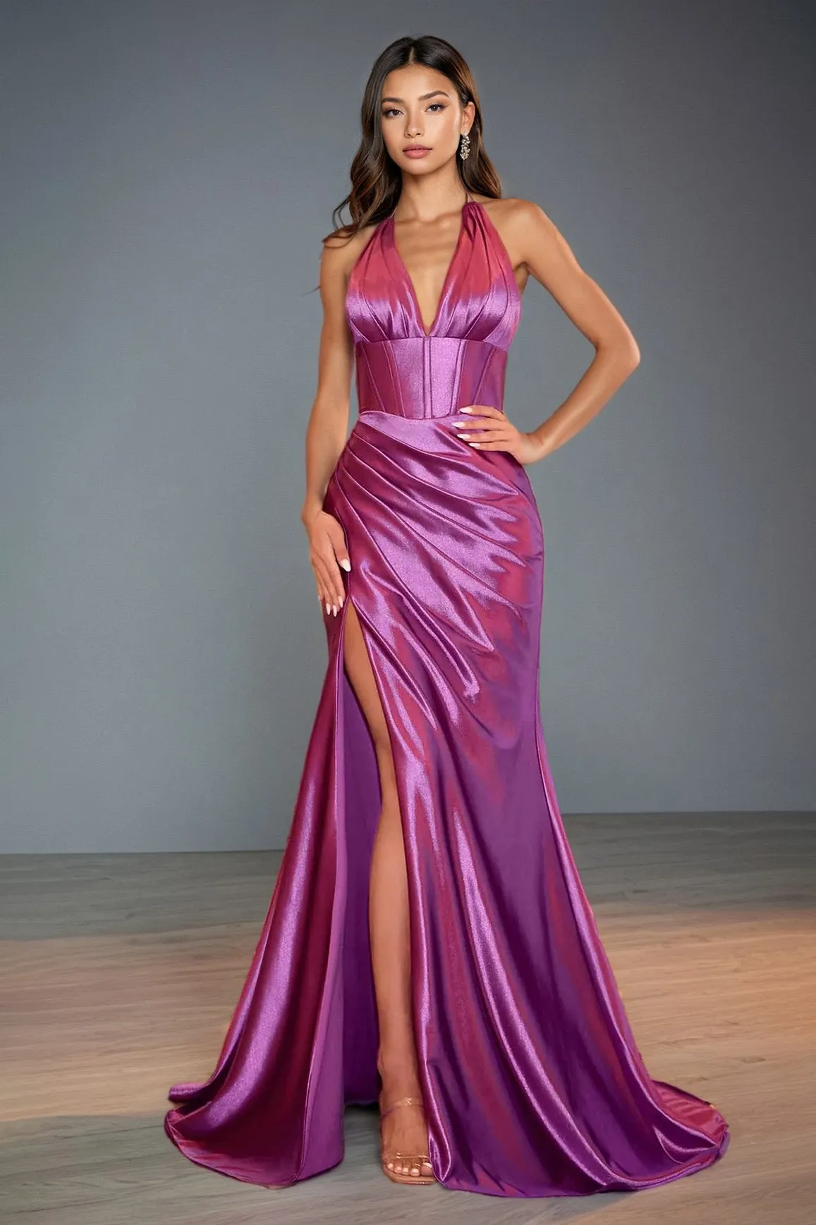 Halter Minimalist Sleeveless Deep V Neck Satin Evening Dress