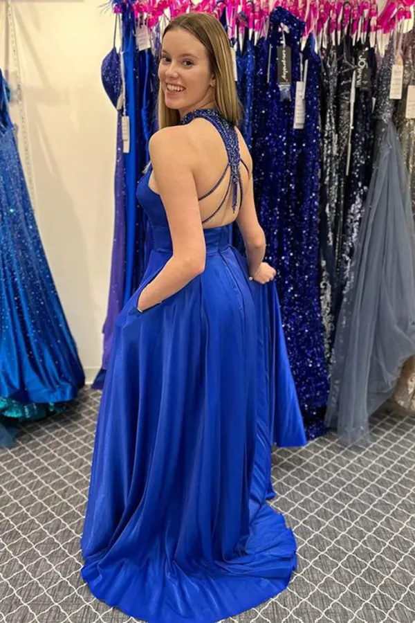 Halter Neck Beaded Royal Blue Satin Long Prom Dress, Royal Blue Formal Graduation Evening Dress APP0746