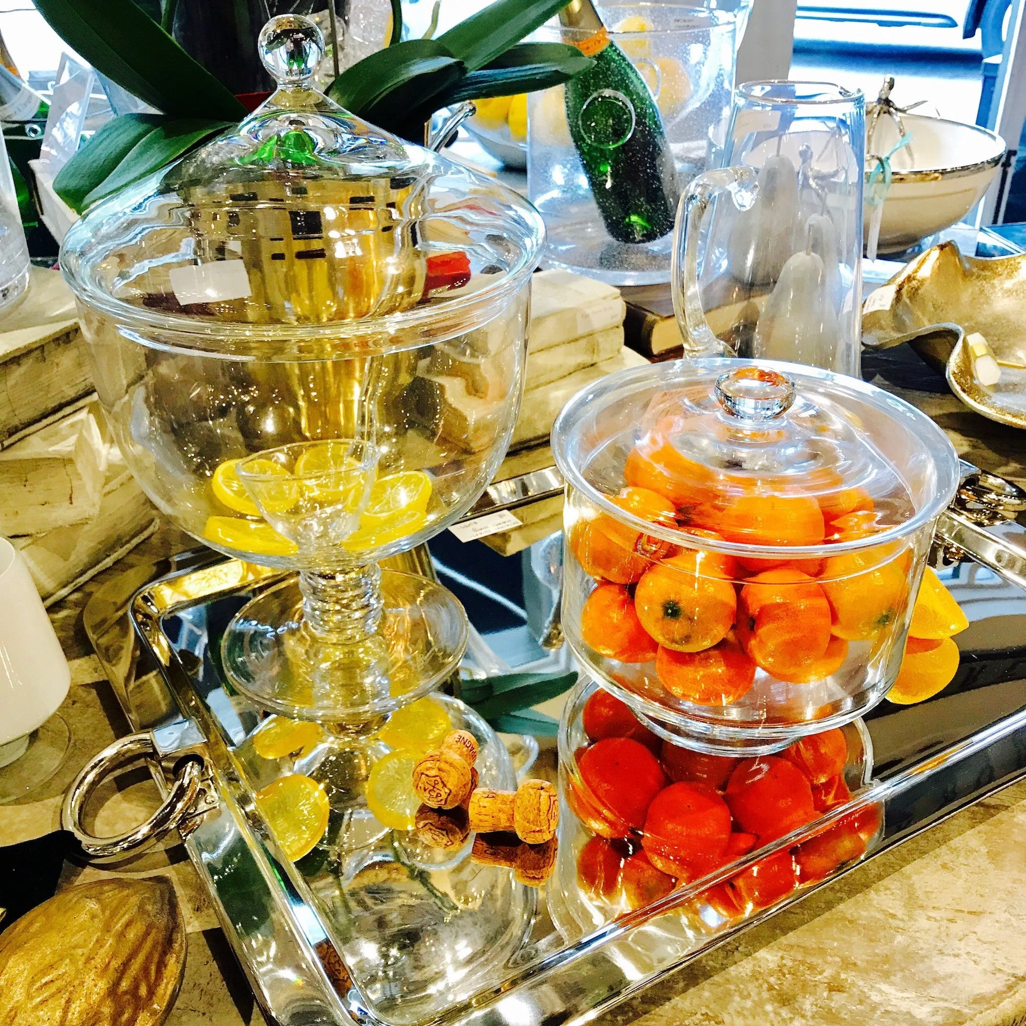 Handblown Belgian Glass "Jackie" Punch Bowl with Lid & Spoon