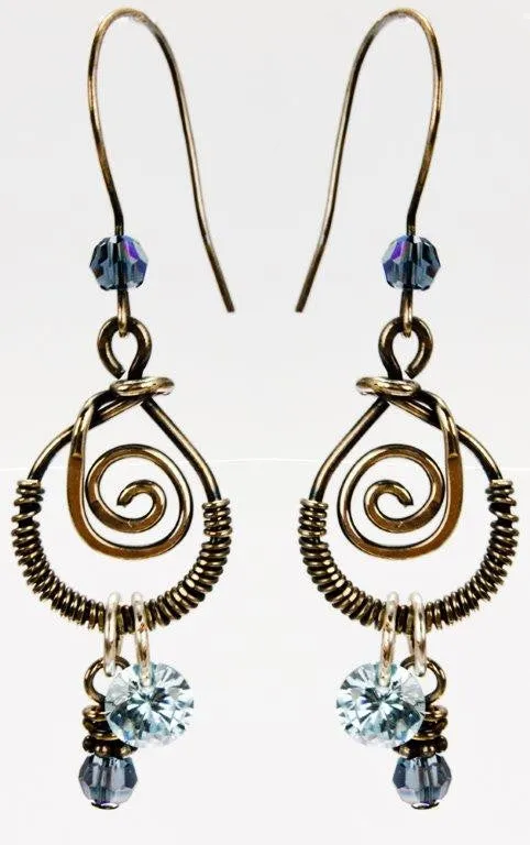 Handcrafted Sterling Silver Swirl Earrings with Aqua Crystals