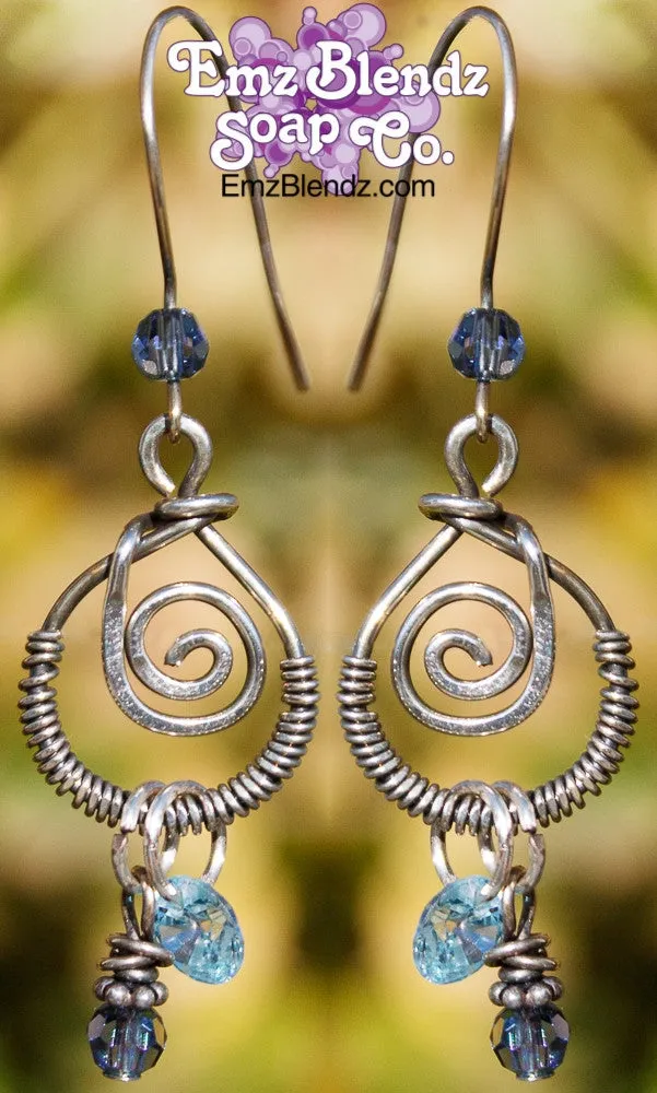 Handcrafted Sterling Silver Swirl Earrings with Aqua Crystals