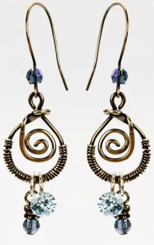 Handcrafted Sterling Silver Swirl Earrings with Aqua Crystals