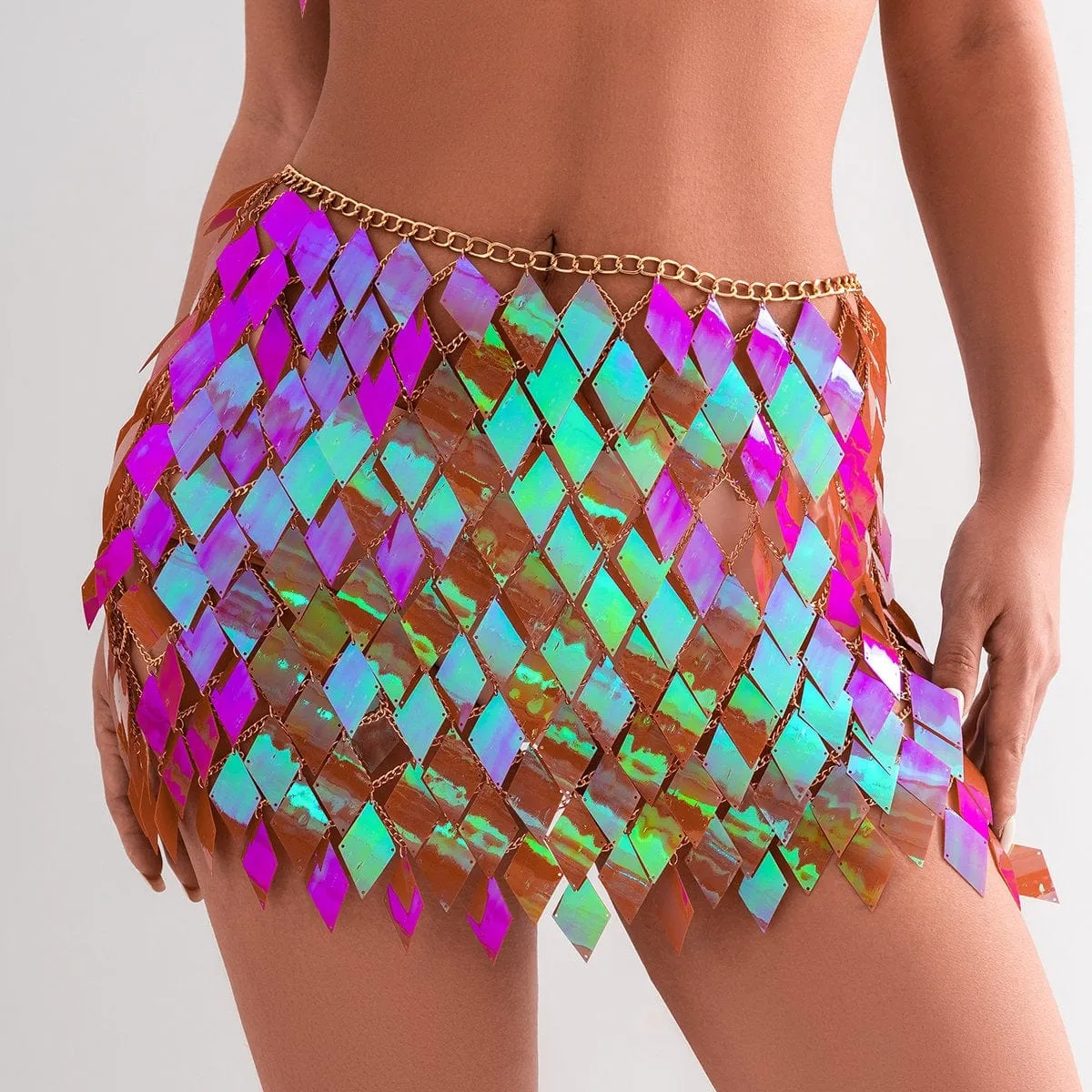 Handmade Colorful Rhombic Sequins Patchwork Strappy Nightclub Party Skirt