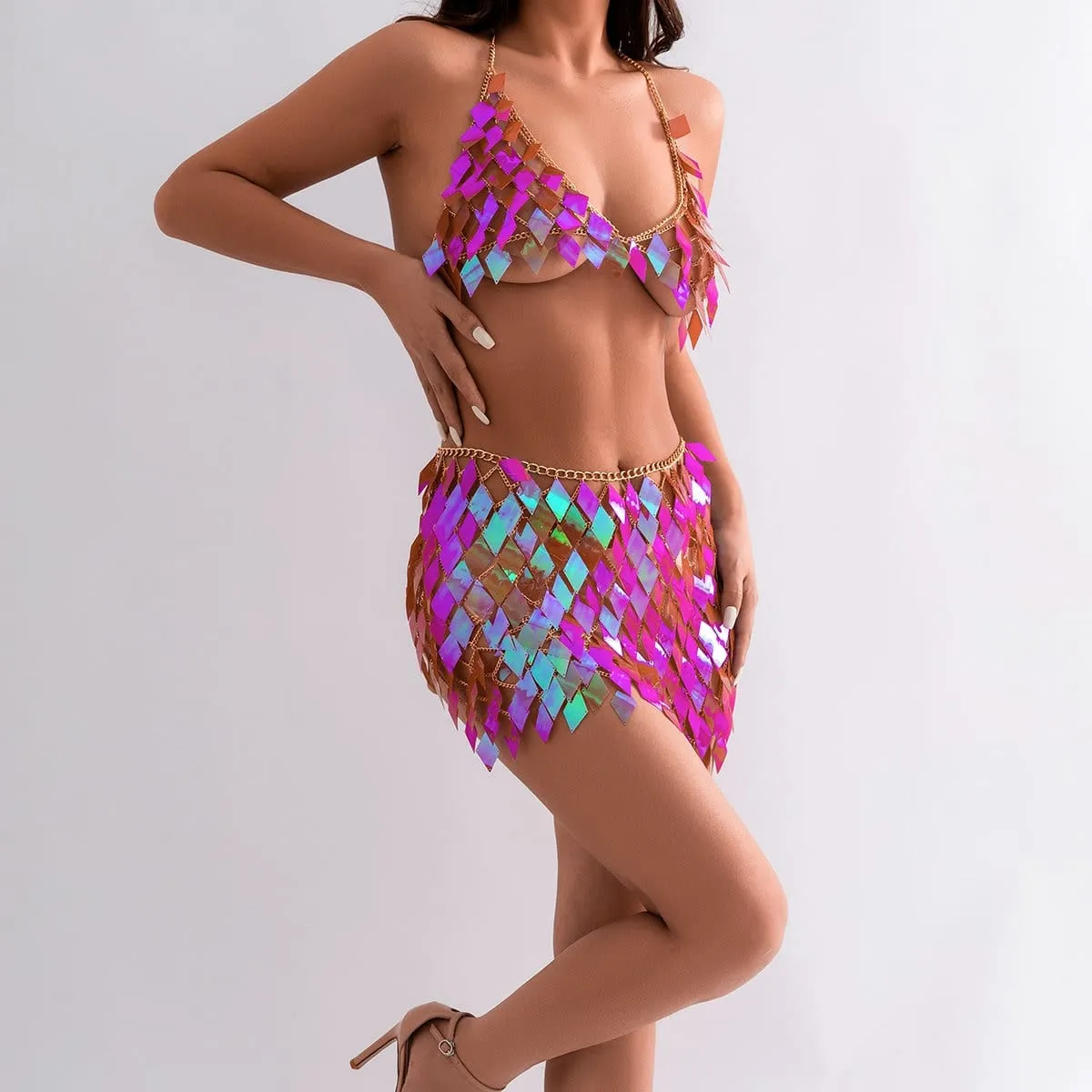 Handmade Colorful Rhombic Sequins Patchwork Strappy Nightclub Party Skirt