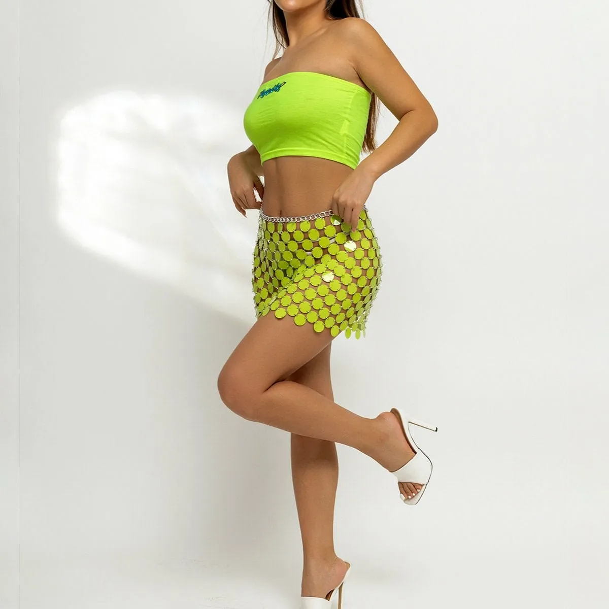 Handmade Colorful Sequins Patchwork Strappy Nightclub Party Mini Skirt