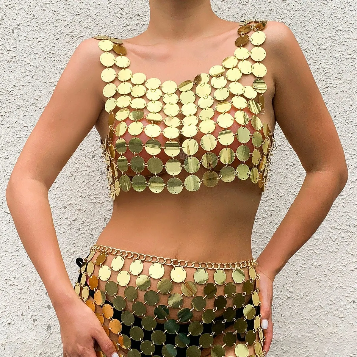 Handmade Gold Silver Tone Glitter Sequins Party Tank Top