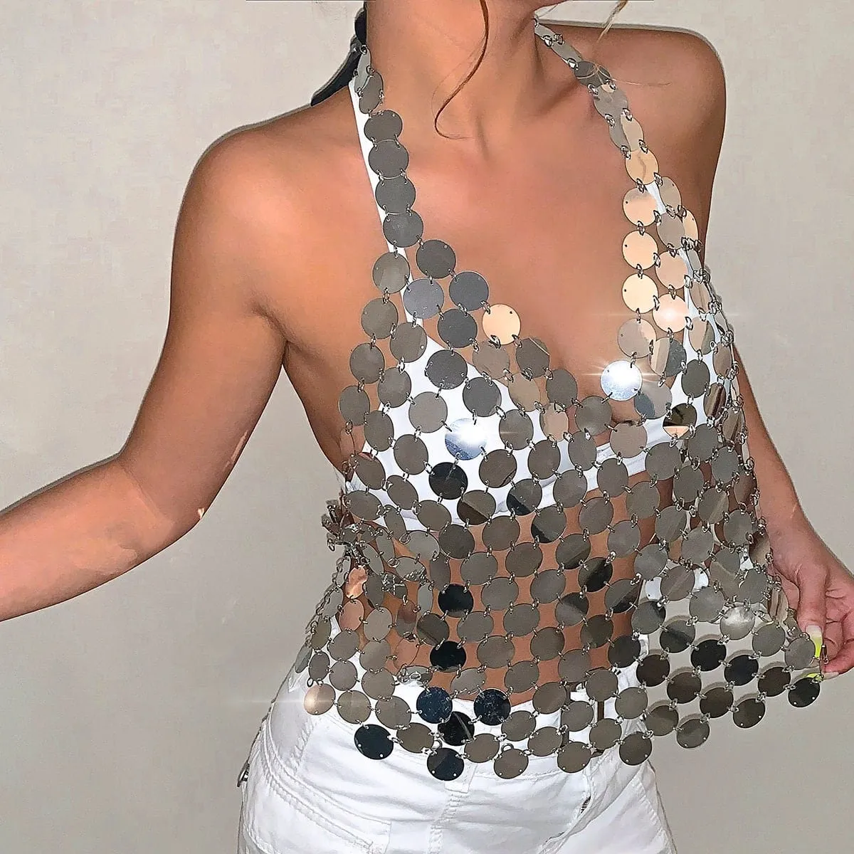 Handmade Gold Silver Tone Glitter Sequins Sleeveless Tank Top