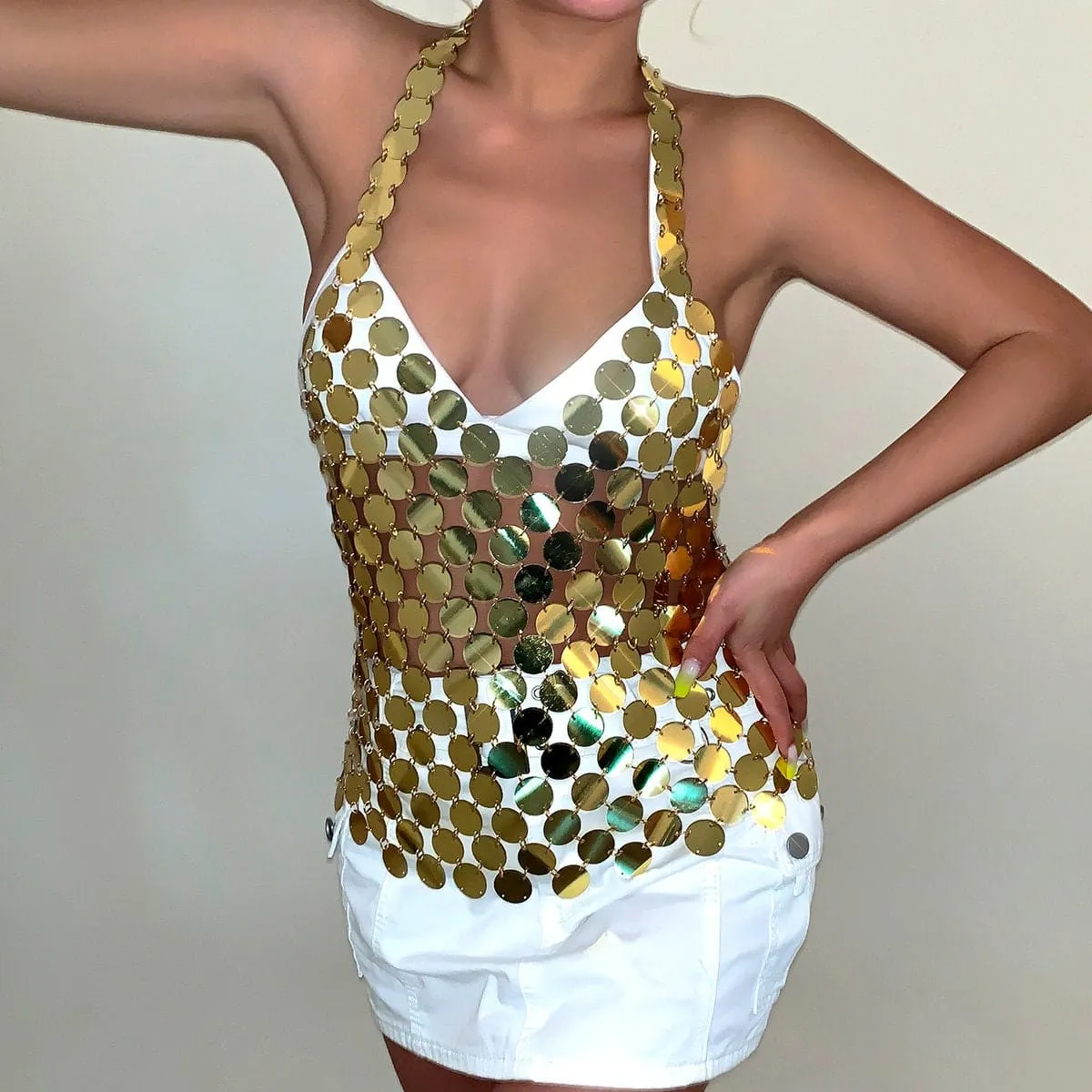 Handmade Gold Silver Tone Glitter Sequins Sleeveless Tank Top