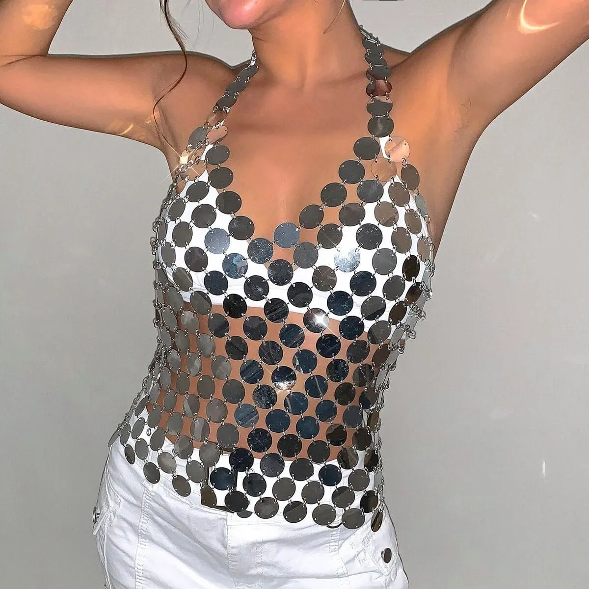Handmade Gold Silver Tone Glitter Sequins Sleeveless Tank Top