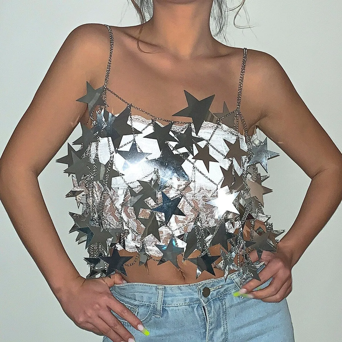 Handmade Hollow Glitter Star Sequins Sleeveless Tank Top