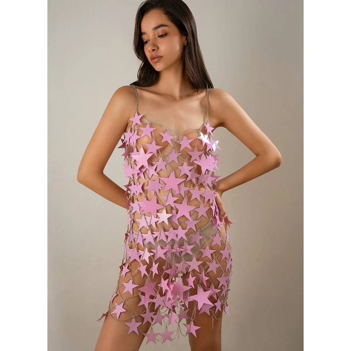 Handmade Pink Black Star Sequins Patchwork Rave Party Mini Dress