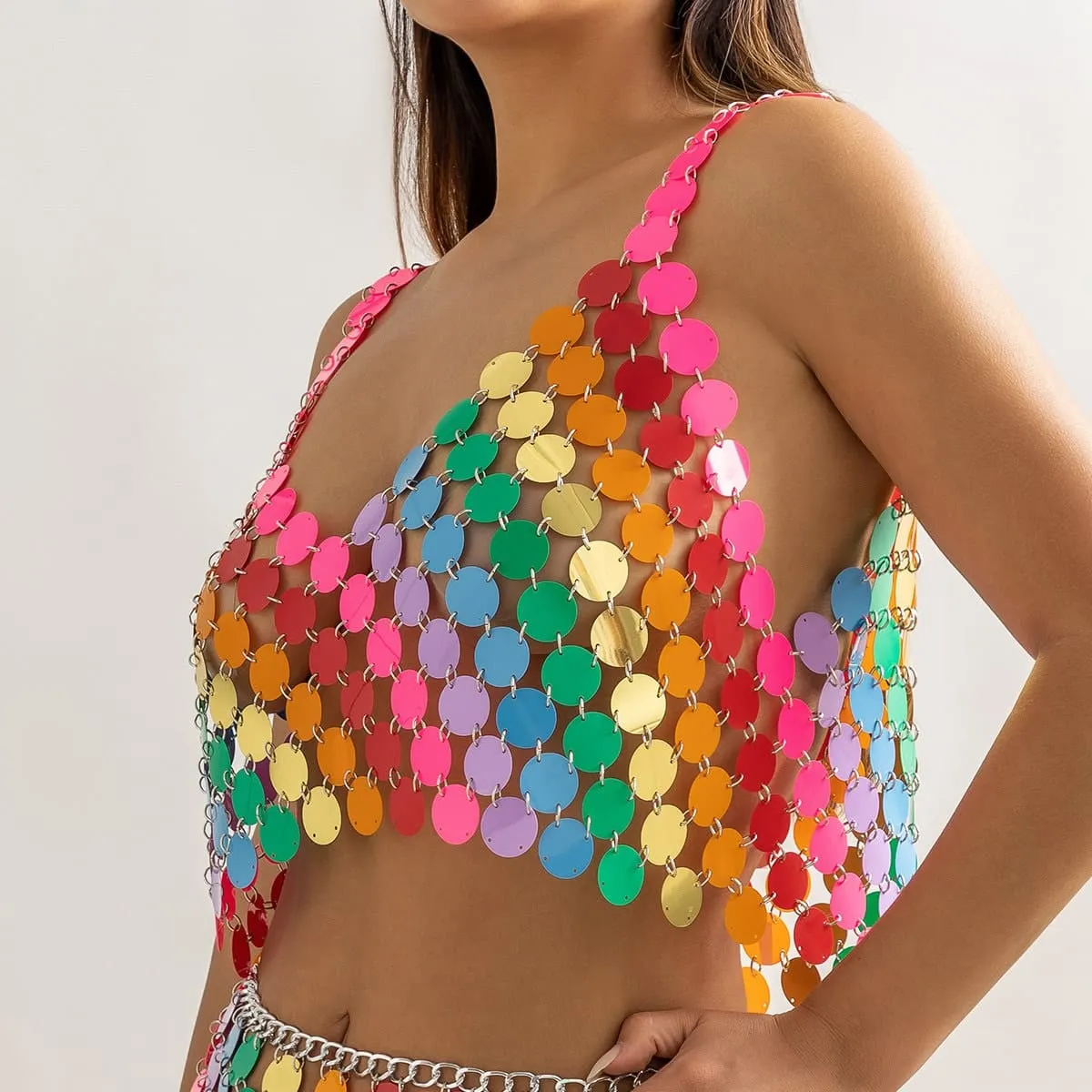 Handmade Rainbow Glitter Sequins Sleeveless Tank Top