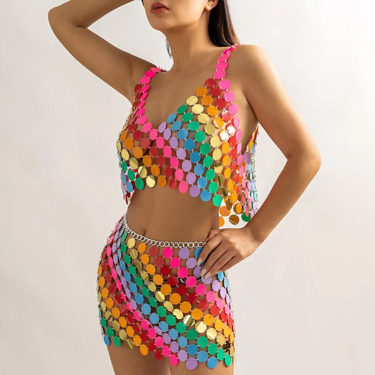 Handmade Rainbow Glitter Sequins Sleeveless Tank Top