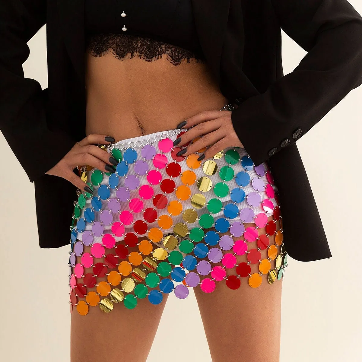 Handmade Rainbow Squamous Glitter Sequins Patchwork Strappy Nightclub Party Skirt