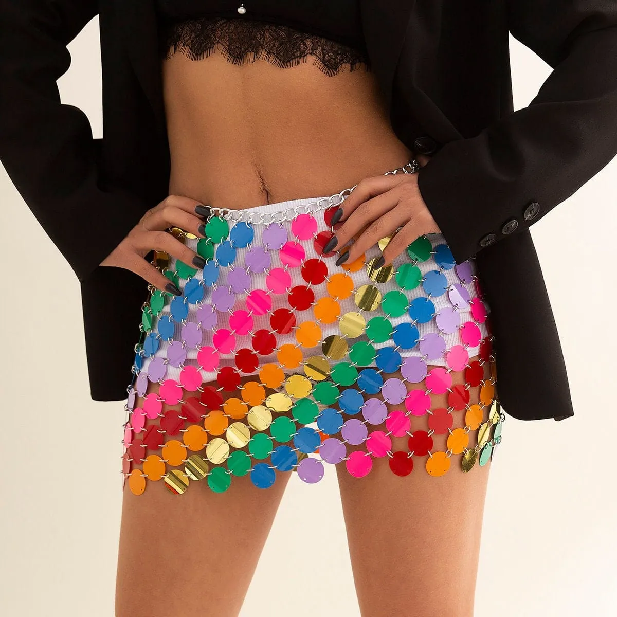 Handmade Rainbow Squamous Glitter Sequins Patchwork Strappy Nightclub Party Skirt