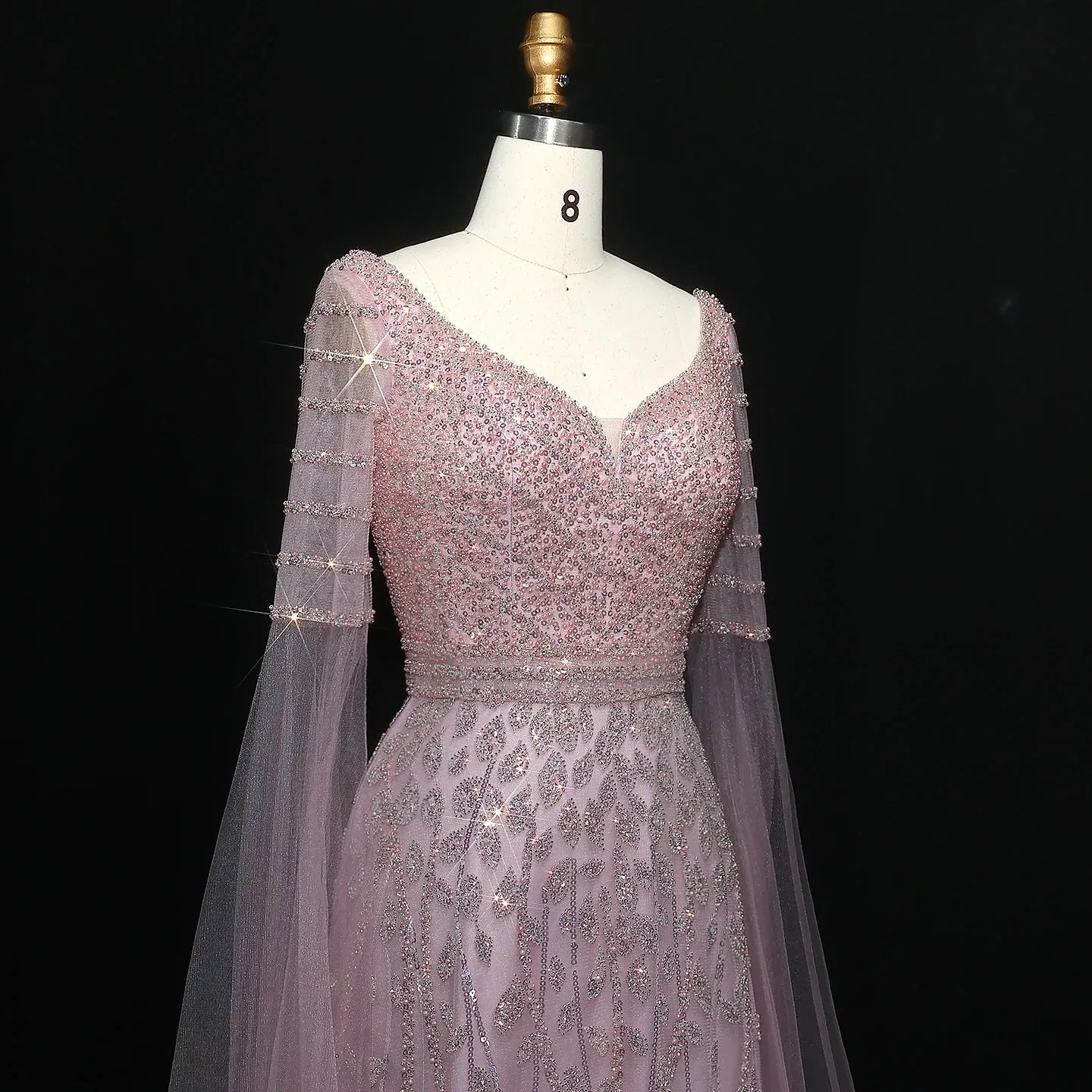 HELEN Luxury Elegant Pink Beaded Evening Dress with Cape Sleeves