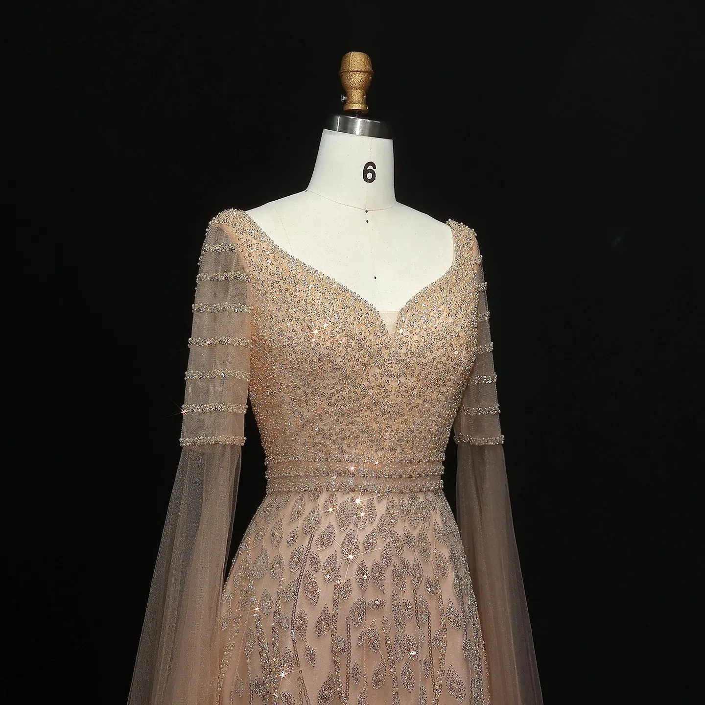 HELEN Luxury Elegant Pink Beaded Evening Dress with Cape Sleeves