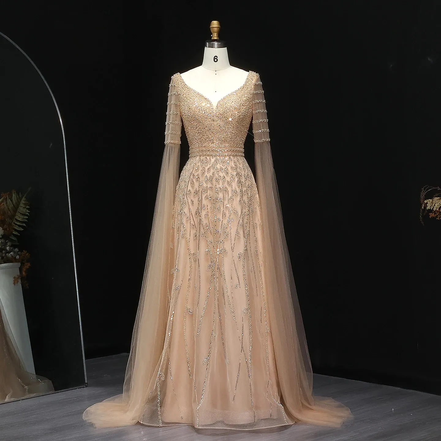 HELEN Luxury Elegant Pink Beaded Evening Dress with Cape Sleeves