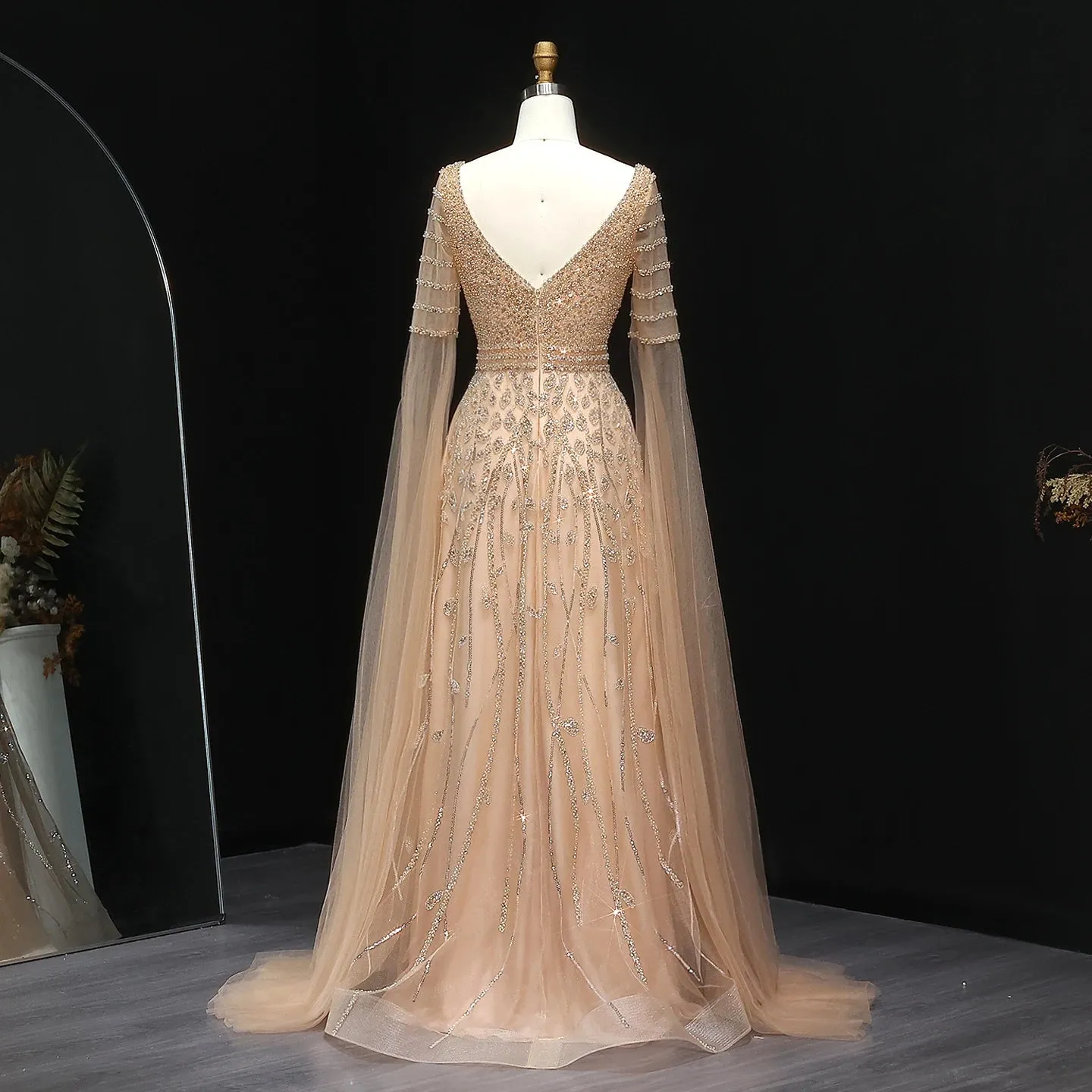 HELEN Luxury Elegant Pink Beaded Evening Dress with Cape Sleeves