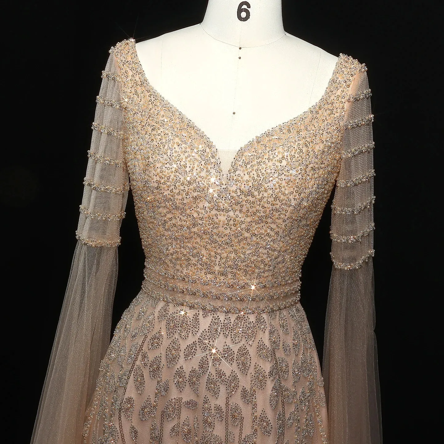 HELEN Luxury Elegant Pink Beaded Evening Dress with Cape Sleeves