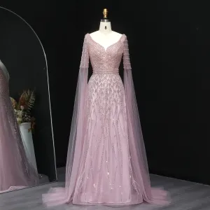 HELEN Luxury Elegant Pink Beaded Evening Dress with Cape Sleeves