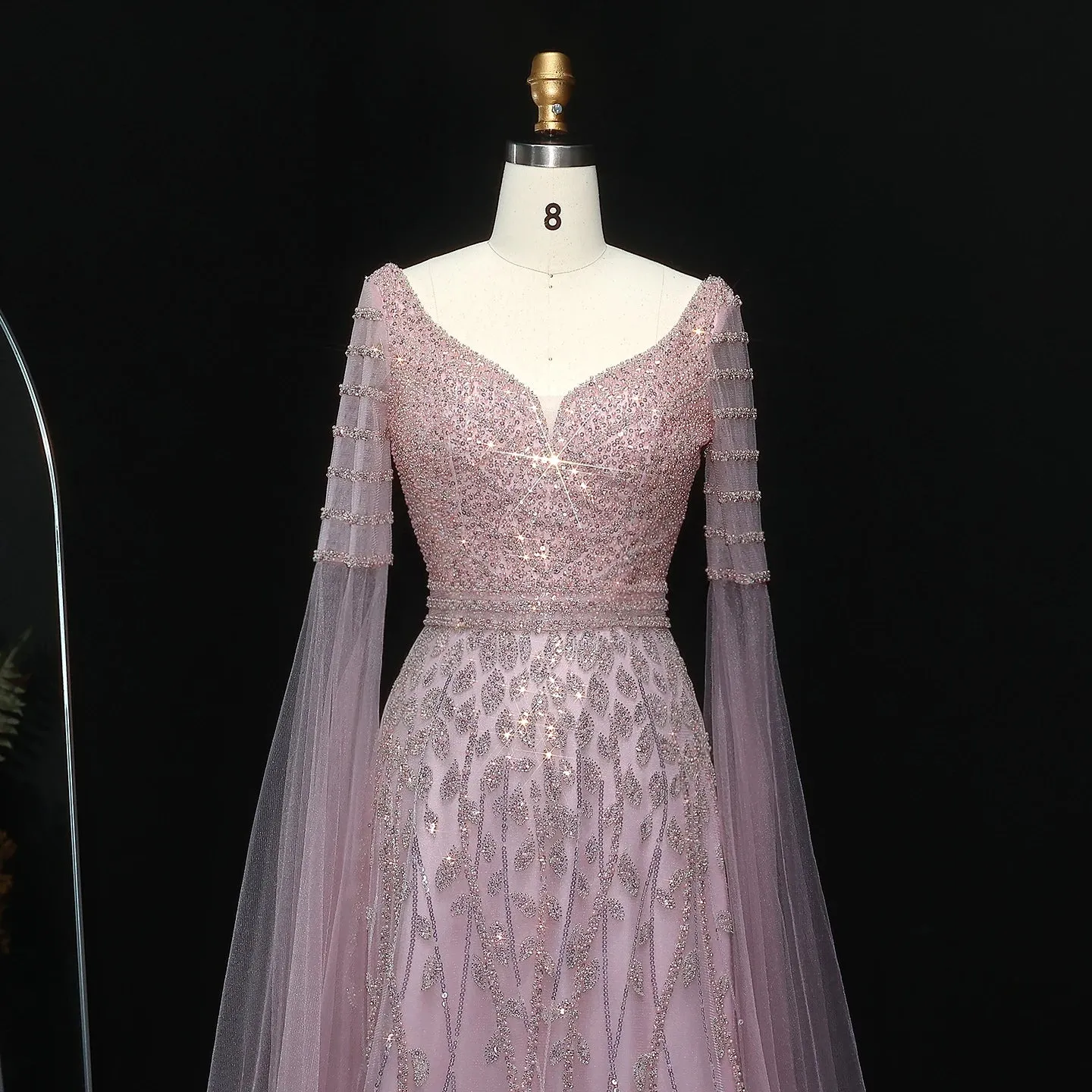 HELEN Luxury Elegant Pink Beaded Evening Dress with Cape Sleeves