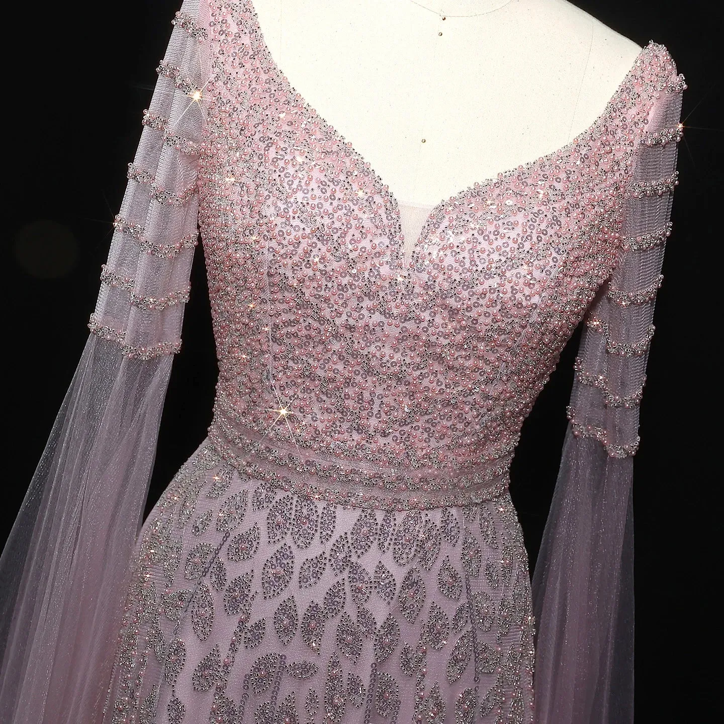 HELEN Luxury Elegant Pink Beaded Evening Dress with Cape Sleeves