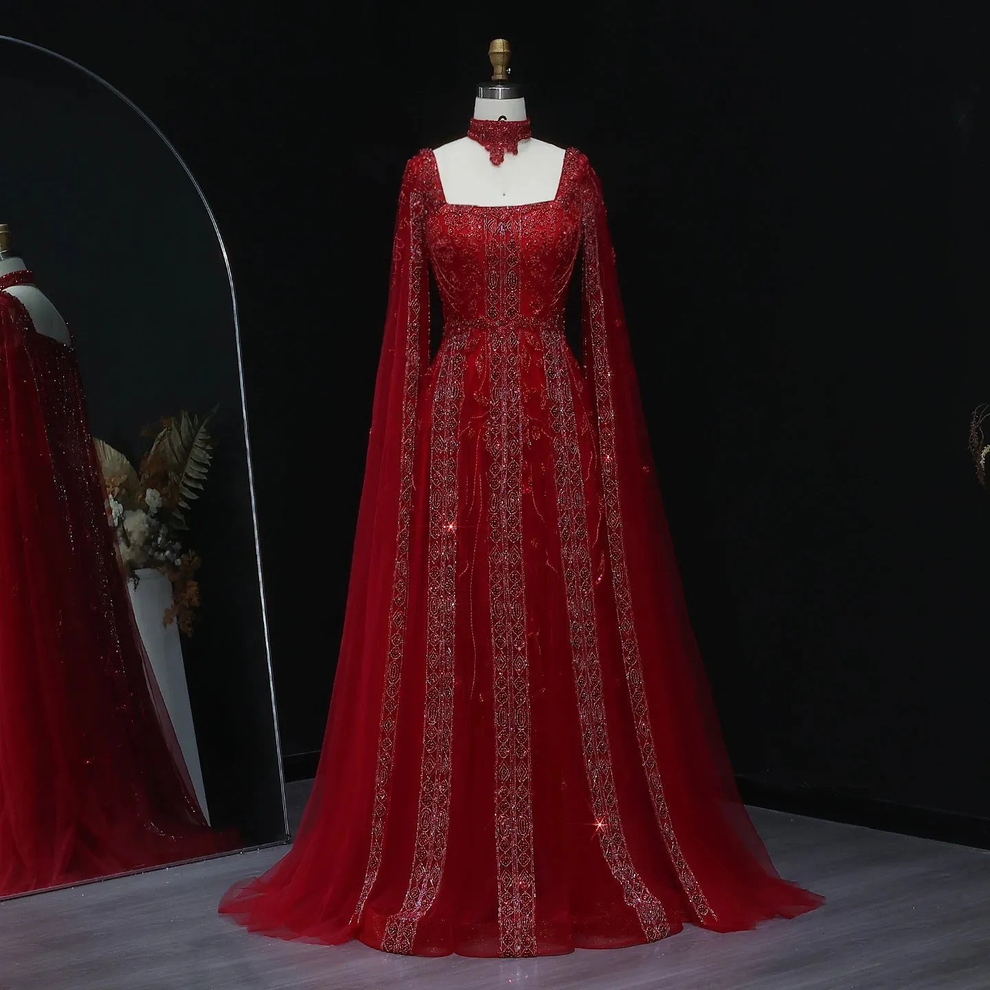 HELEN Luxury Evening Dress with Cape Sleeves Chocker
