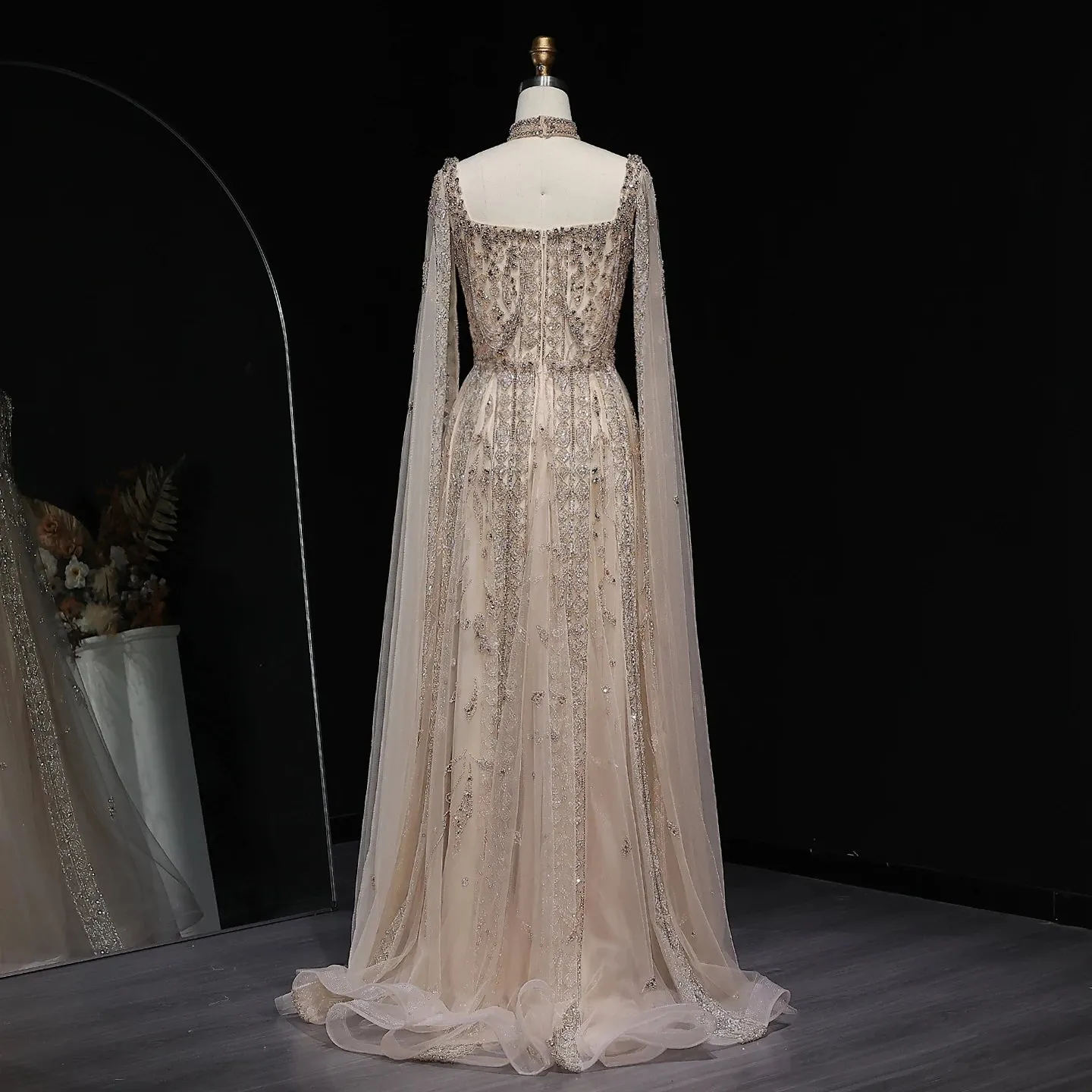 HELEN Luxury Evening Dress with Cape Sleeves Chocker