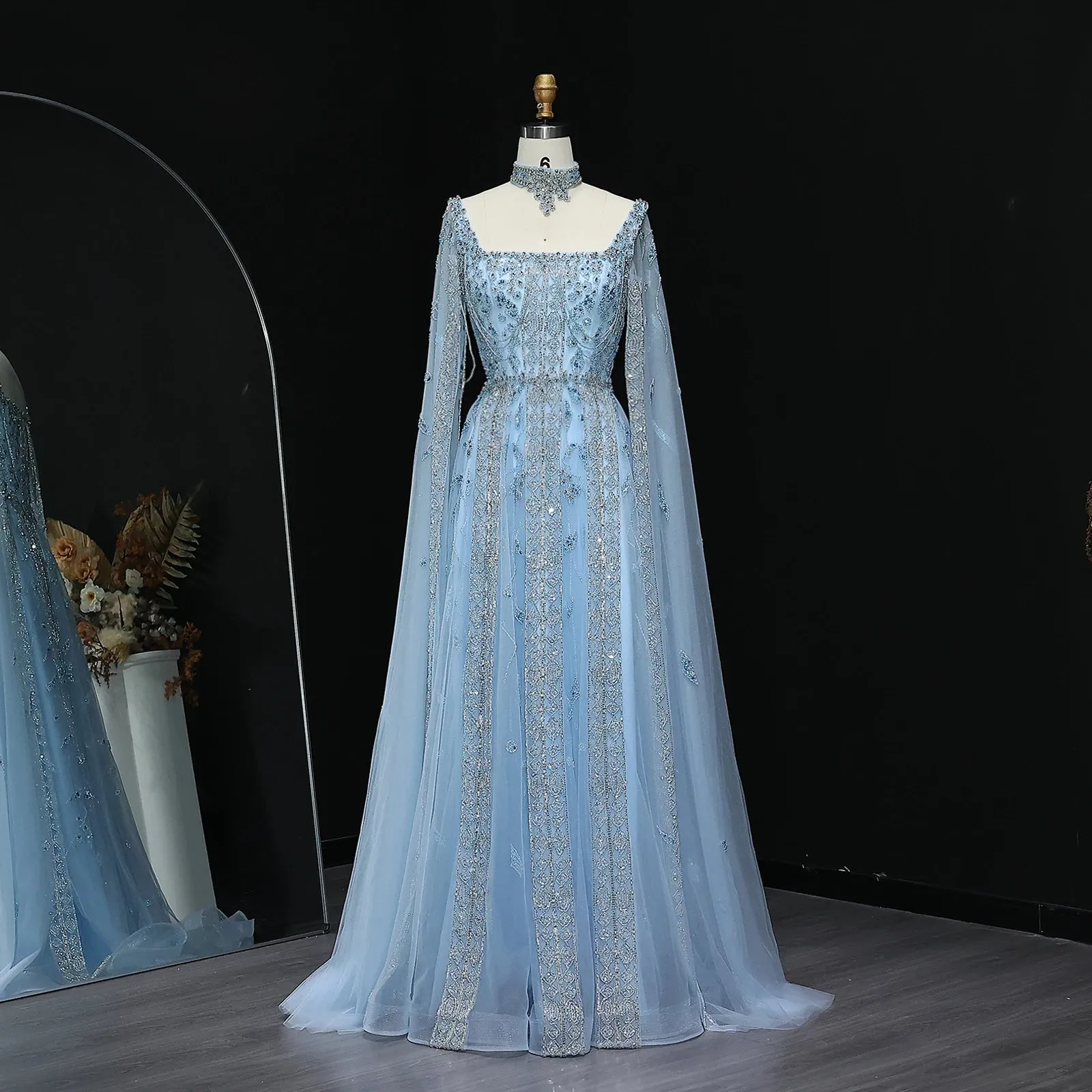 HELEN Luxury Evening Dress with Cape Sleeves Chocker