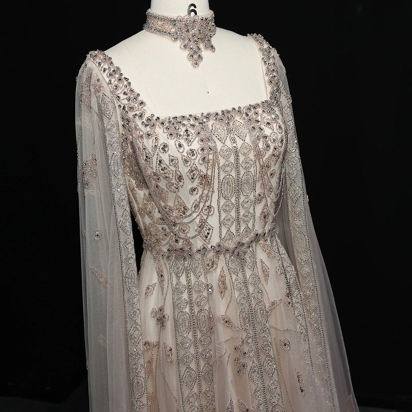 HELEN Luxury Evening Dress with Cape Sleeves Chocker