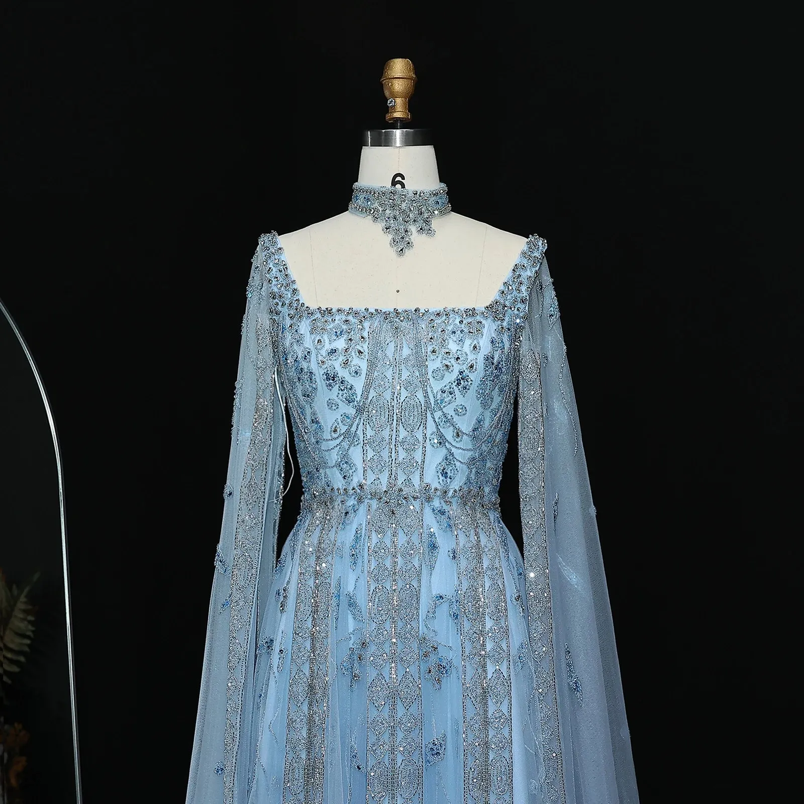 HELEN Luxury Evening Dress with Cape Sleeves Chocker