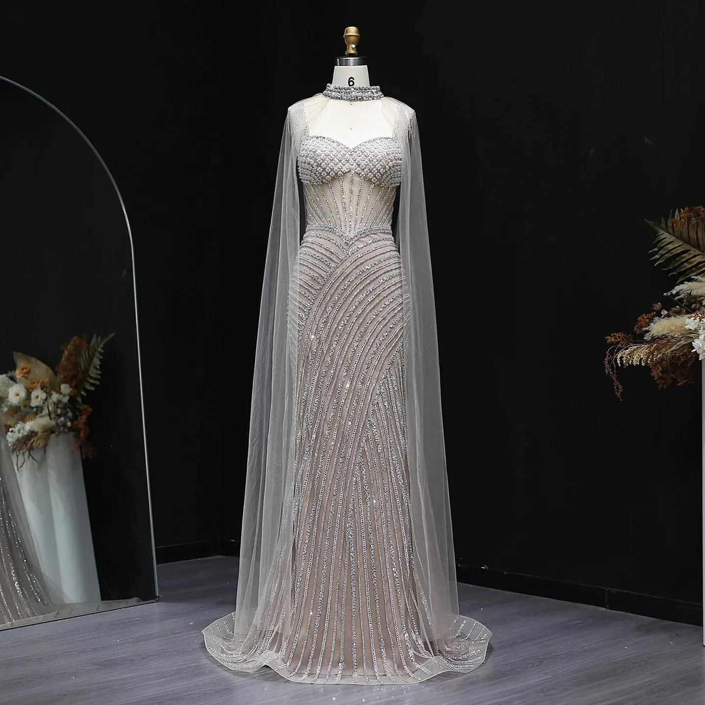 HELEN Luxury Glamorous Crystal Evening Gown with Sheer Cape