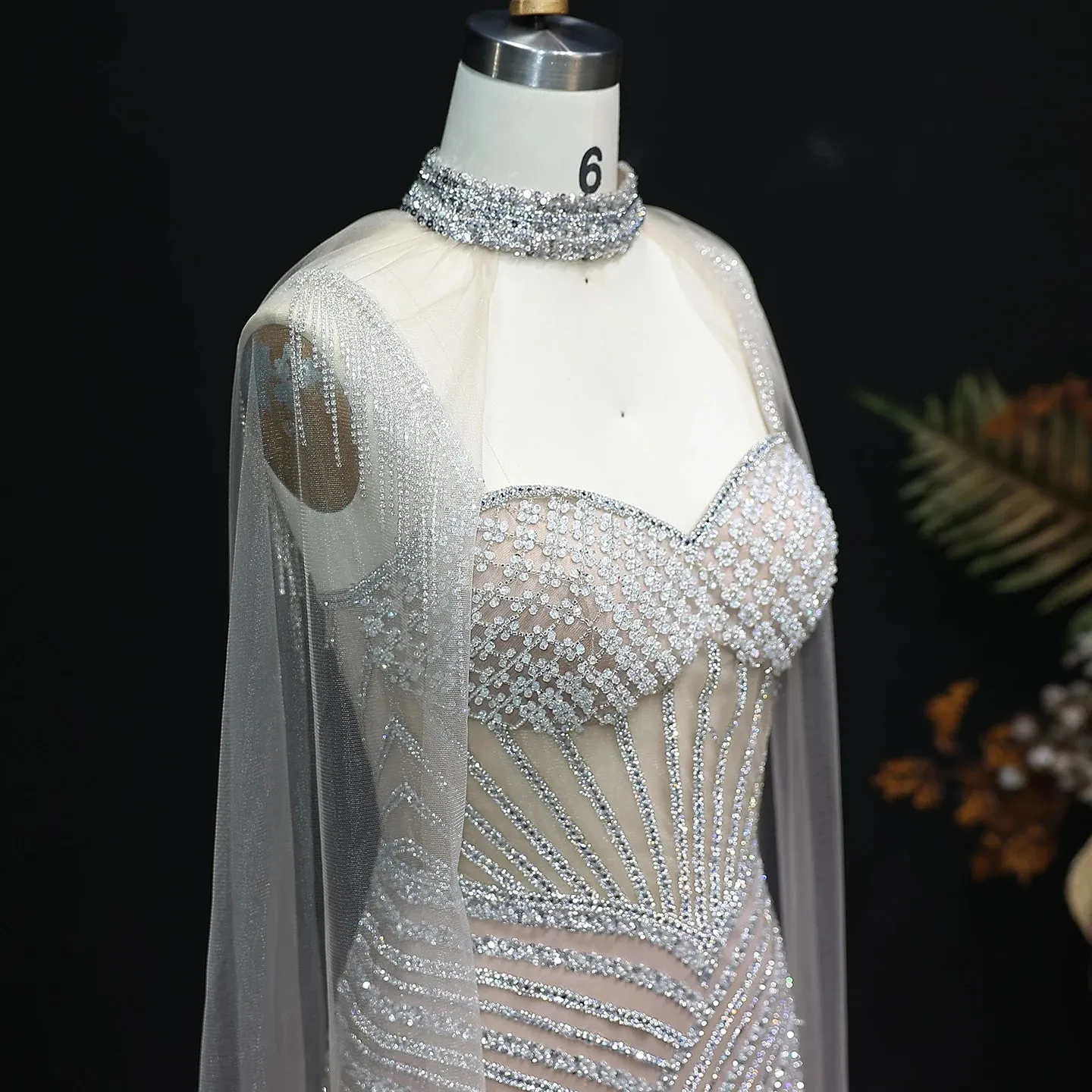 HELEN Luxury Glamorous Crystal Evening Gown with Sheer Cape