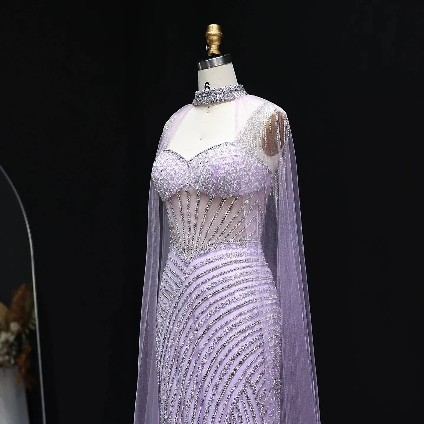 HELEN Luxury Glamorous Crystal Evening Gown with Sheer Cape