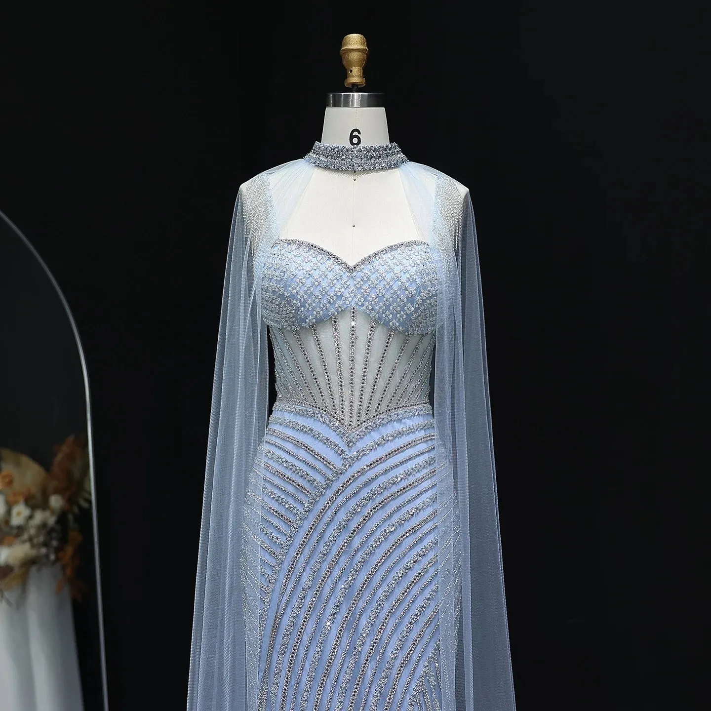 HELEN Luxury Glamorous Crystal Evening Gown with Sheer Cape