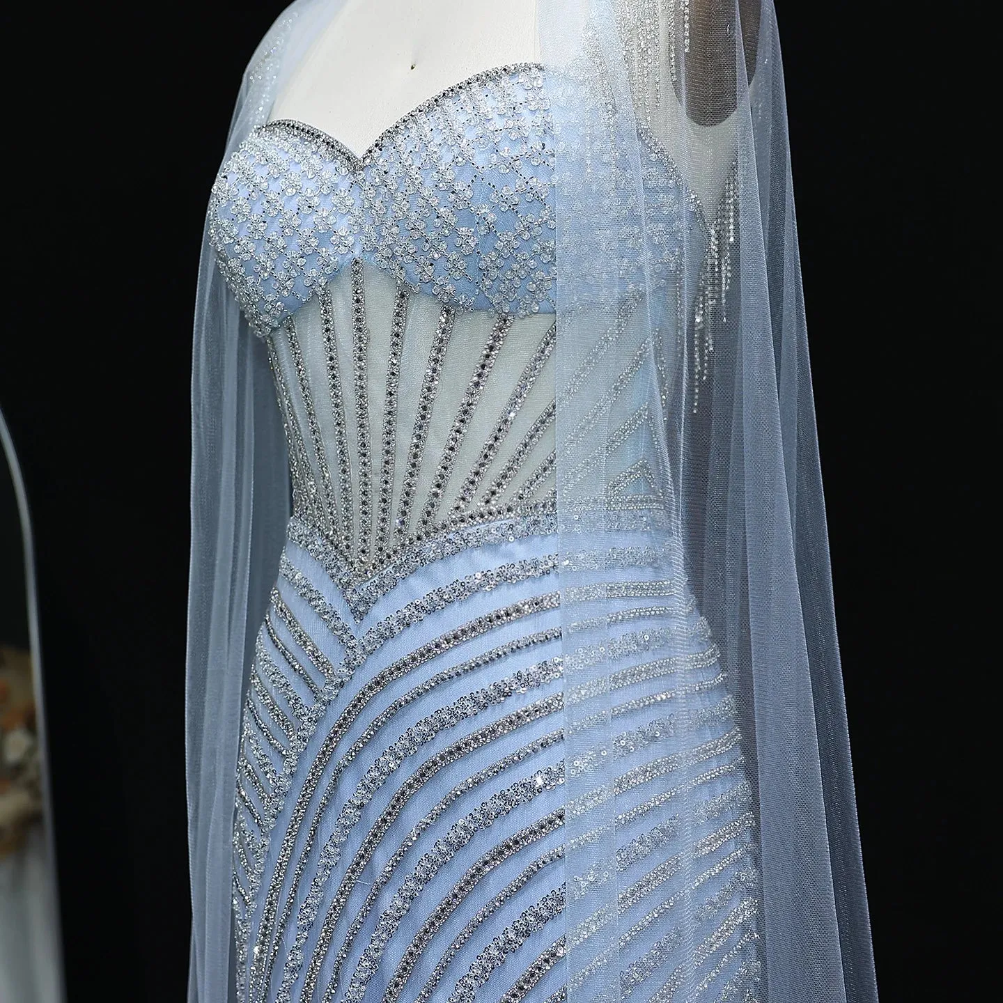 HELEN Luxury Glamorous Crystal Evening Gown with Sheer Cape