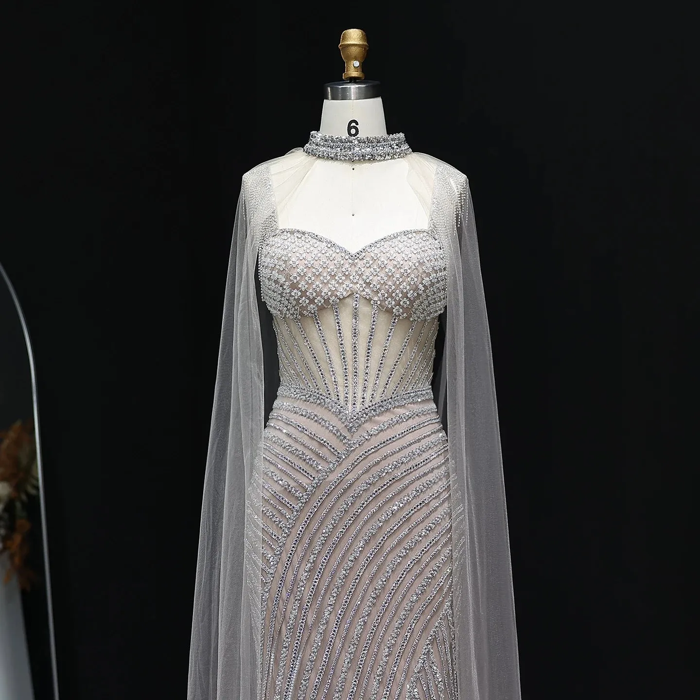 HELEN Luxury Glamorous Crystal Evening Gown with Sheer Cape