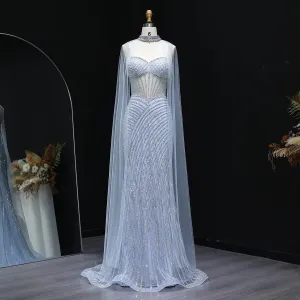 HELEN Luxury Glamorous Crystal Evening Gown with Sheer Cape