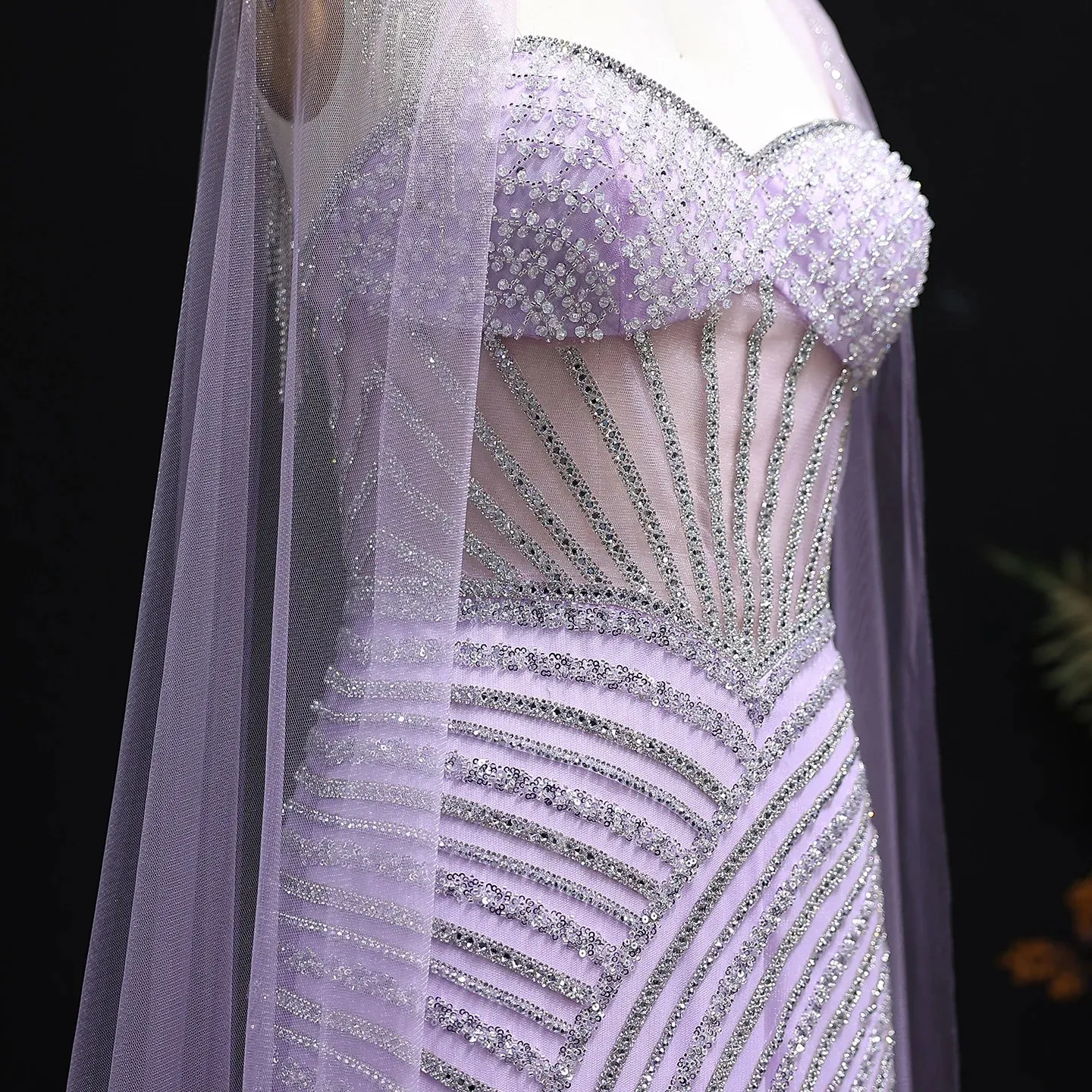 HELEN Luxury Glamorous Crystal Evening Gown with Sheer Cape