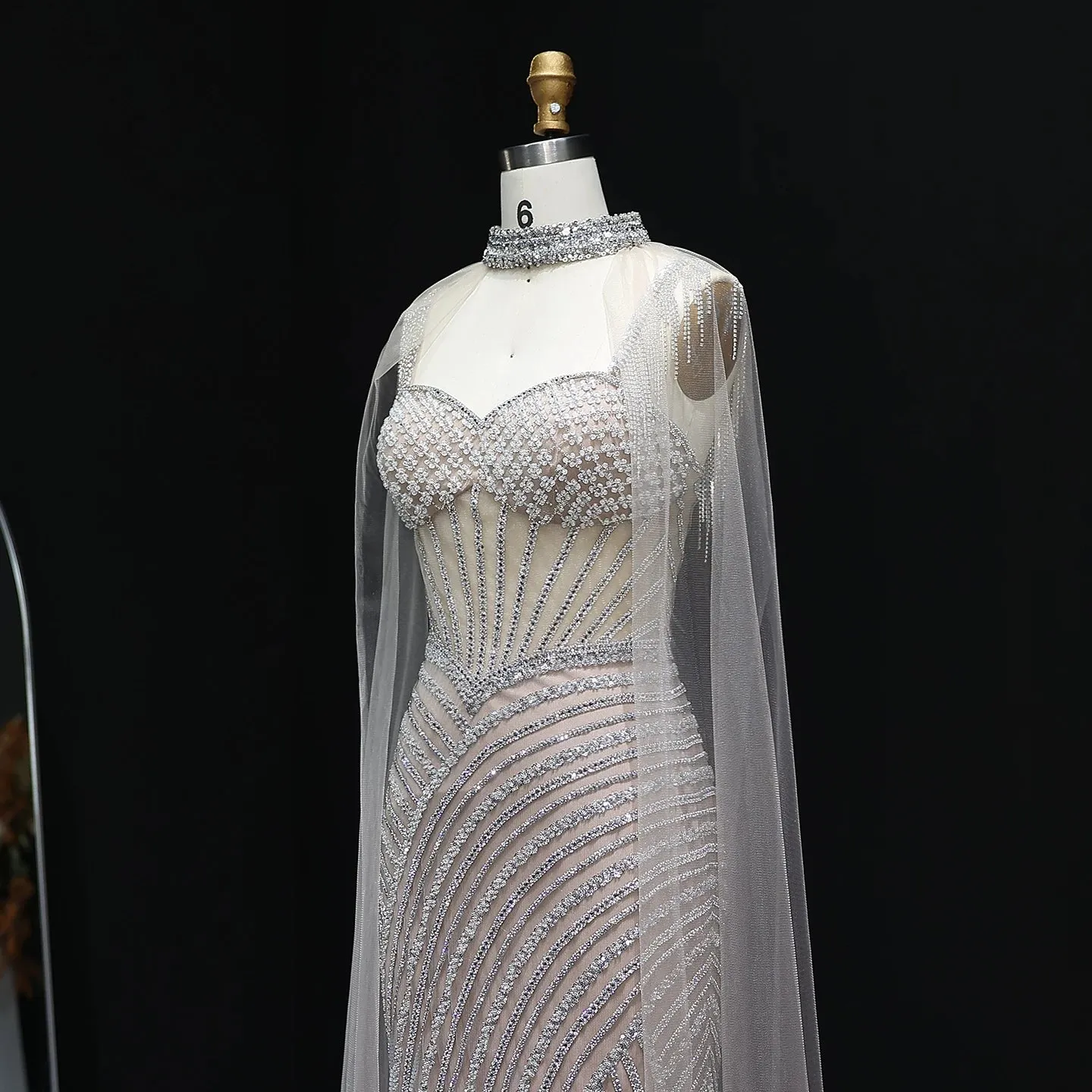HELEN Luxury Glamorous Crystal Evening Gown with Sheer Cape