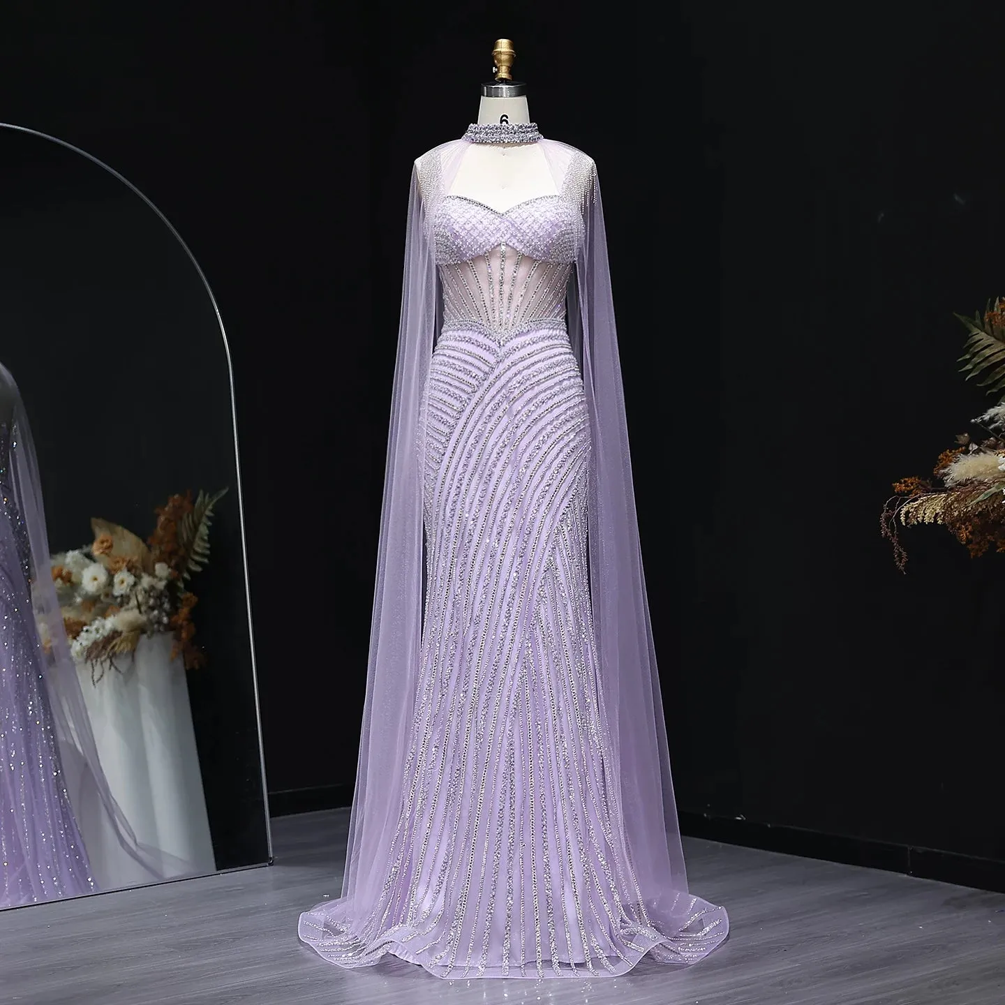 HELEN Luxury Glamorous Crystal Evening Gown with Sheer Cape