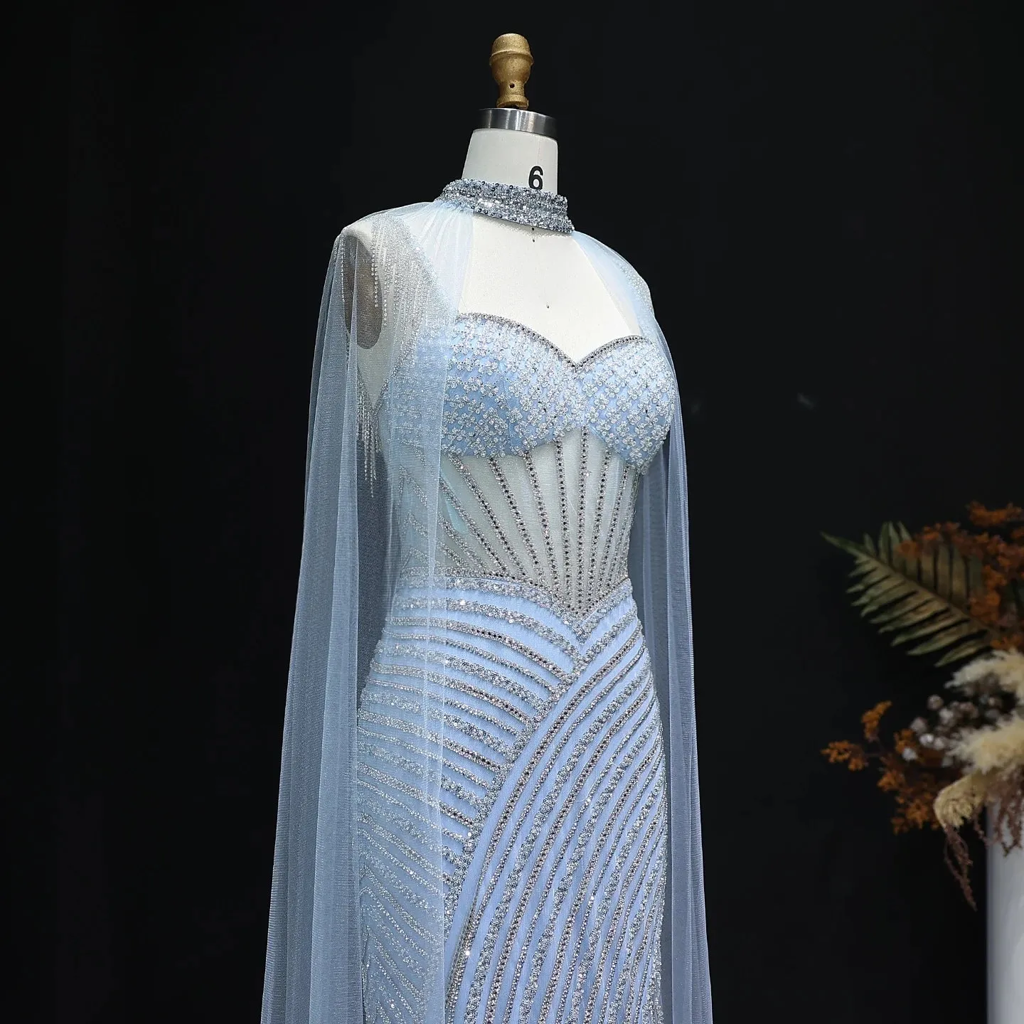 HELEN Luxury Glamorous Crystal Evening Gown with Sheer Cape