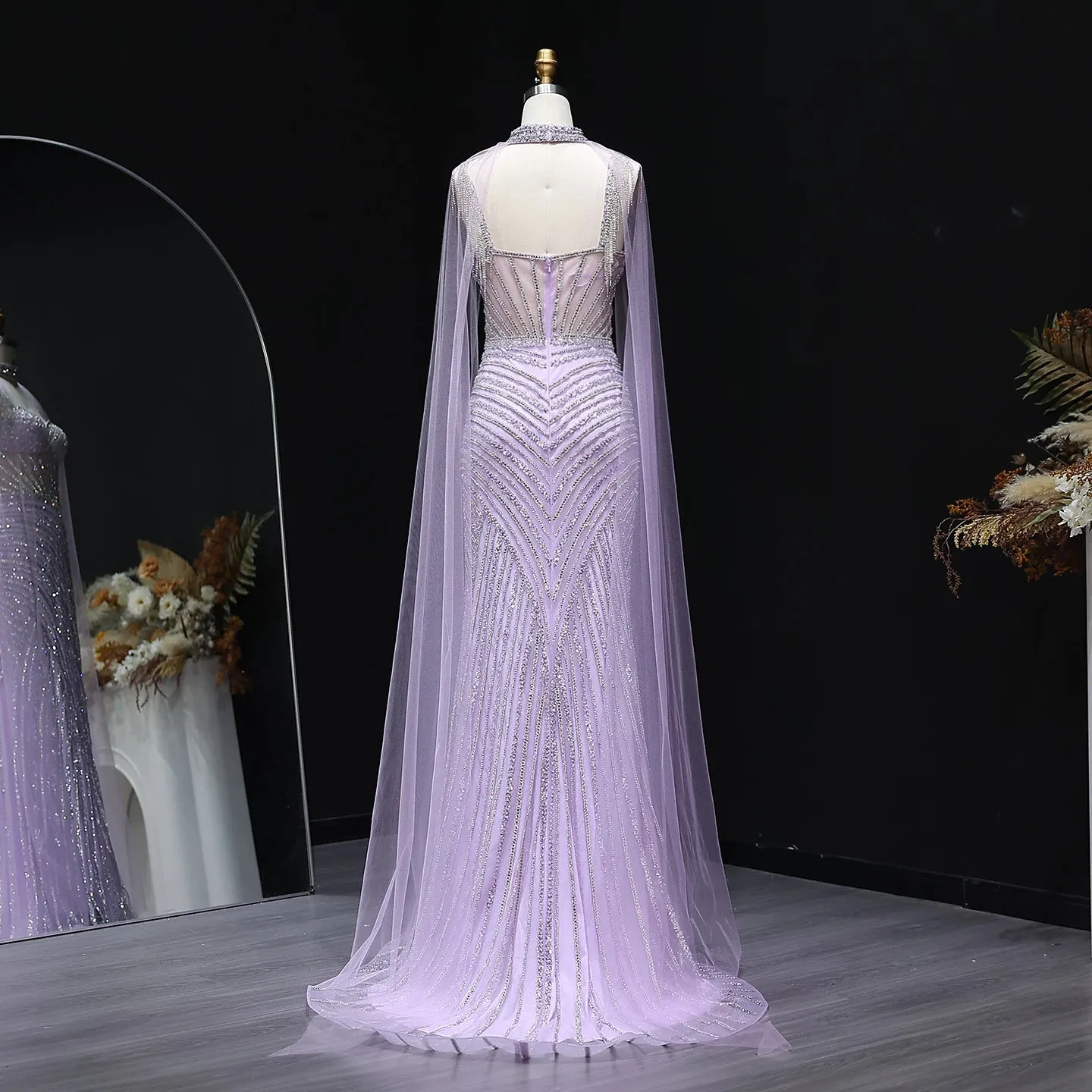 HELEN Luxury Glamorous Crystal Evening Gown with Sheer Cape